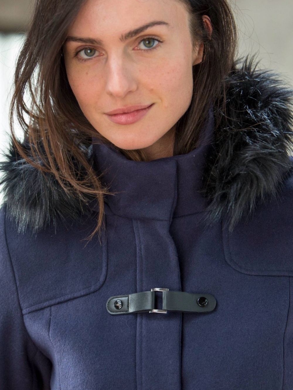 Laura Navy Wool Midi Faux Fur Pea Coat